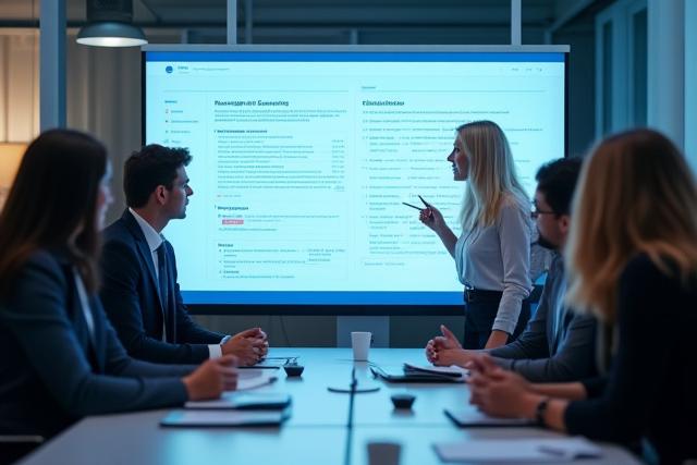 Group of educators discussing e-learning platforms on a large screen