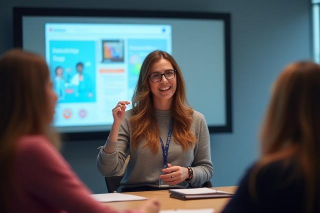 Teacher engaged in a professional development workshop, interactive screen in background